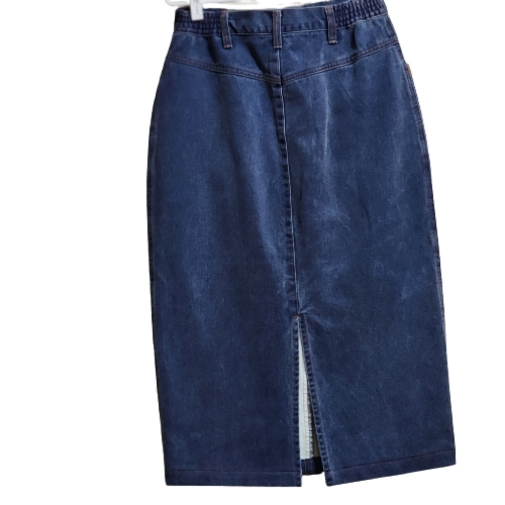 Vintage maxi denim skirt color blue with brown suede details size 4 - Picture 2 of 4
